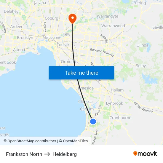Frankston North to Heidelberg map