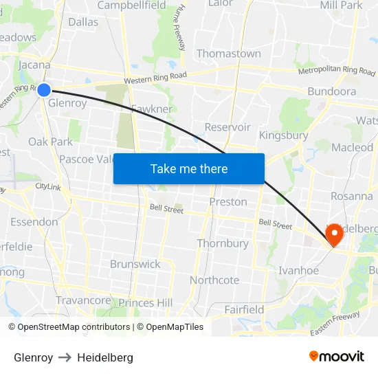 Glenroy to Heidelberg map