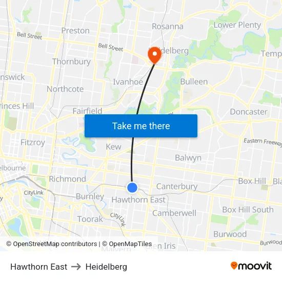 Hawthorn East to Heidelberg map