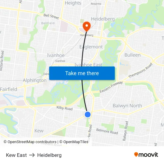 Kew East to Heidelberg map