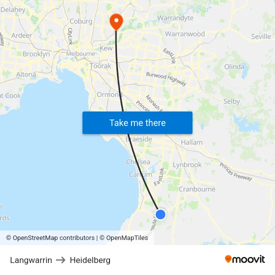 Langwarrin to Heidelberg map