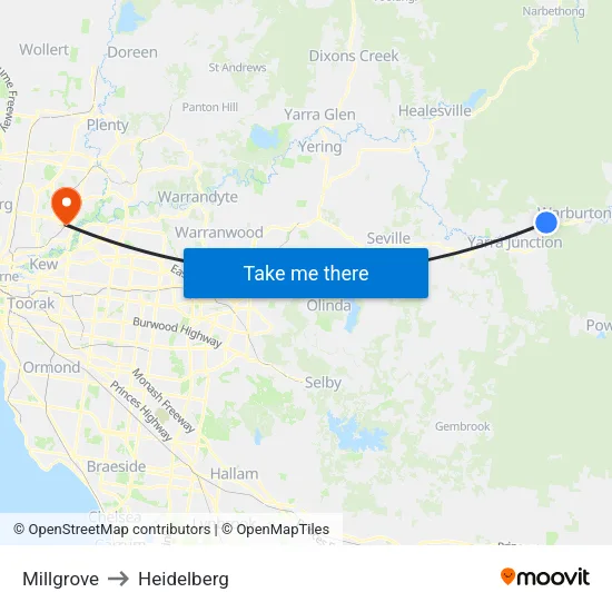 Millgrove to Heidelberg map