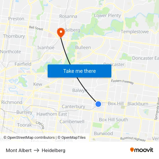 Mont Albert to Heidelberg map