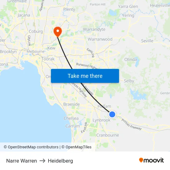 Narre Warren to Heidelberg map