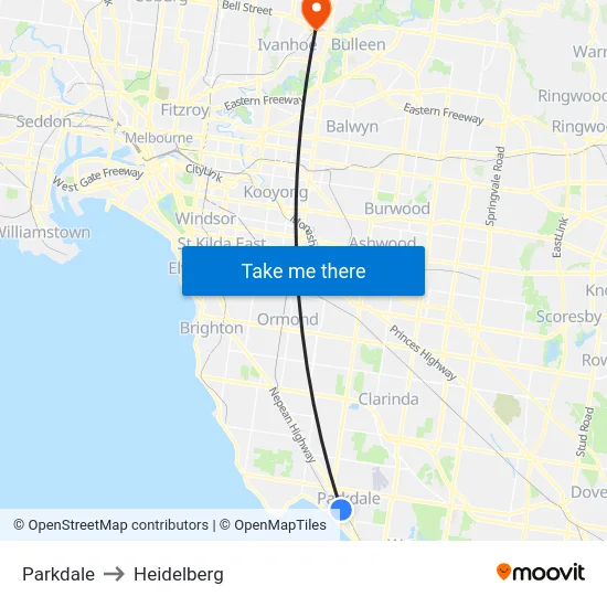 Parkdale to Heidelberg map