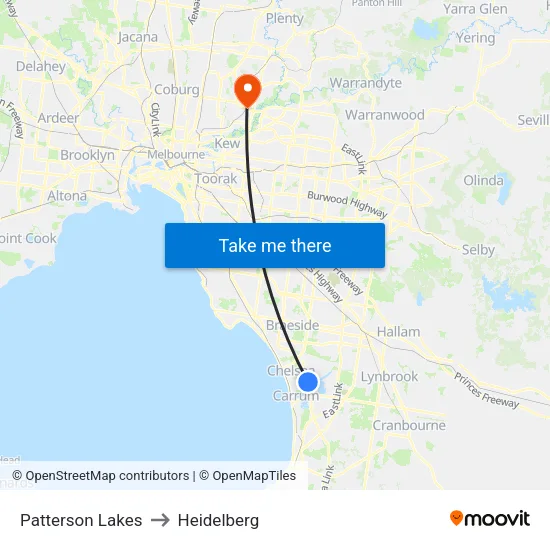 Patterson Lakes to Heidelberg map
