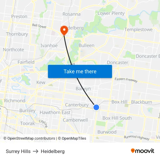 Surrey Hills to Heidelberg map