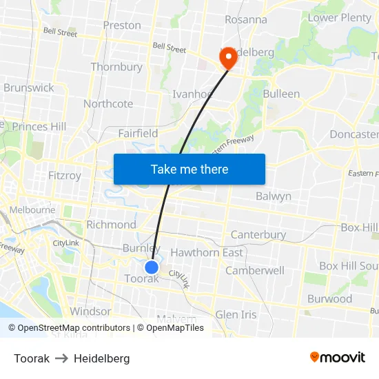 Toorak to Heidelberg map