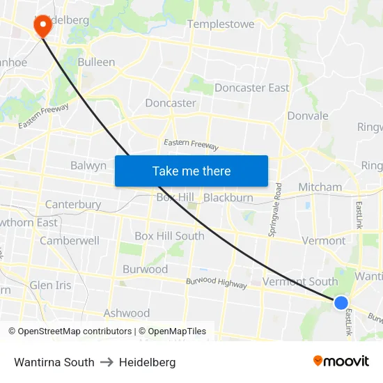 Wantirna South to Heidelberg map