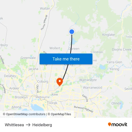 Whittlesea to Heidelberg map