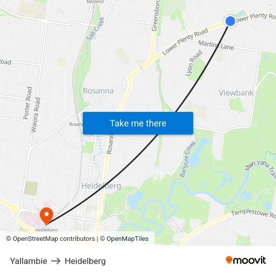 Yallambie to Heidelberg map