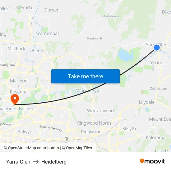 Yarra Glen to Heidelberg map