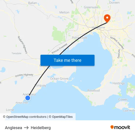 Anglesea to Heidelberg map