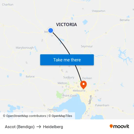 Ascot (Bendigo) to Heidelberg map