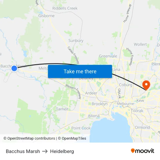 Bacchus Marsh to Heidelberg map
