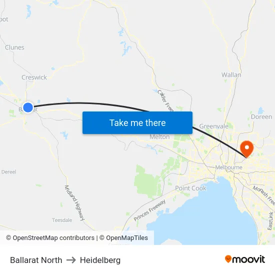 Ballarat North to Heidelberg map