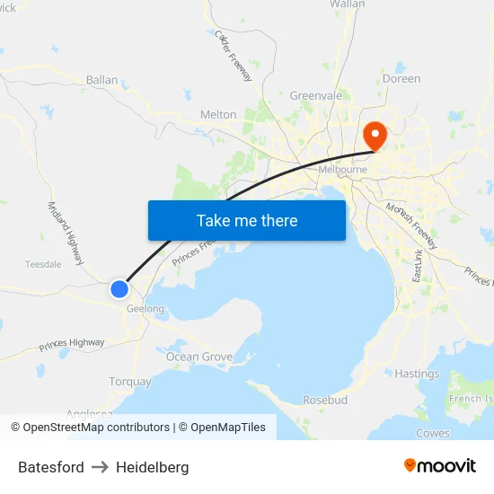 Batesford to Heidelberg map