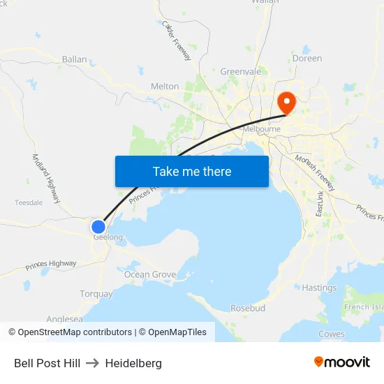 Bell Post Hill to Heidelberg map