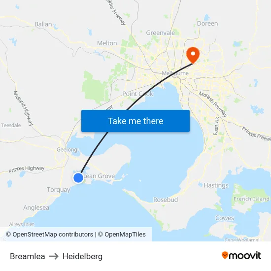 Breamlea to Heidelberg map