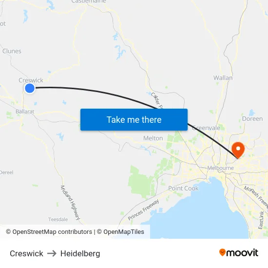 Creswick to Heidelberg map