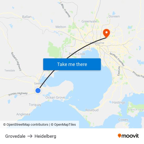 Grovedale to Heidelberg map