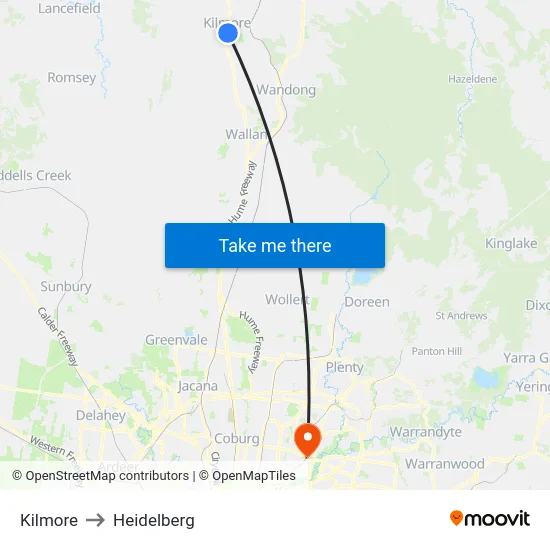 Kilmore to Heidelberg map