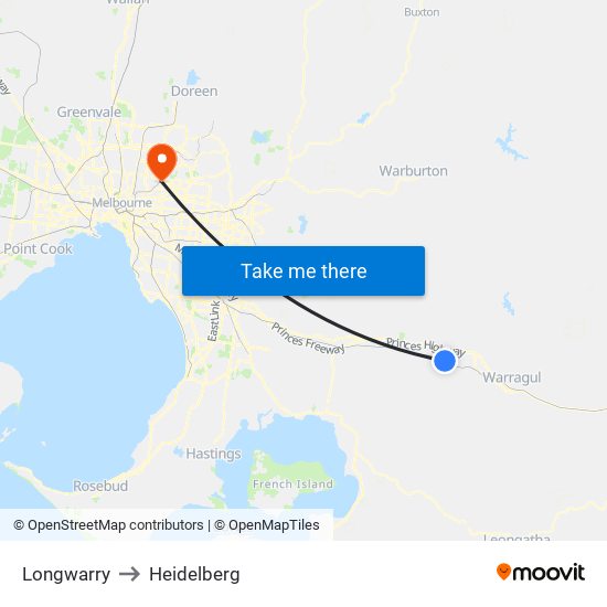 Longwarry to Heidelberg map