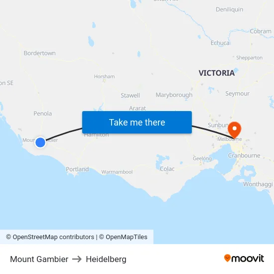 Mount Gambier to Heidelberg map