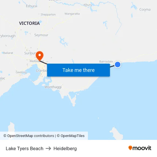 Lake Tyers Beach to Heidelberg map