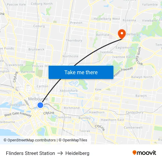 Flinders Street Station to Heidelberg map