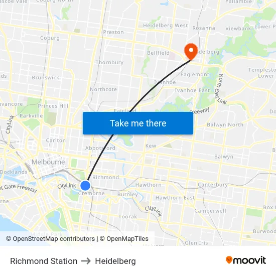 Richmond Station to Heidelberg map