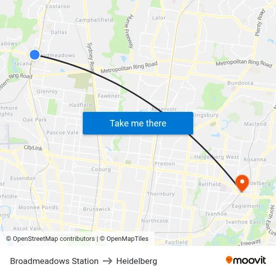Broadmeadows Station to Heidelberg map