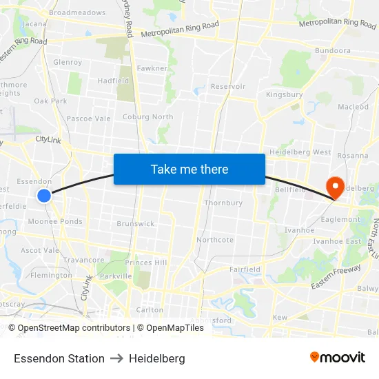 Essendon Station to Heidelberg map