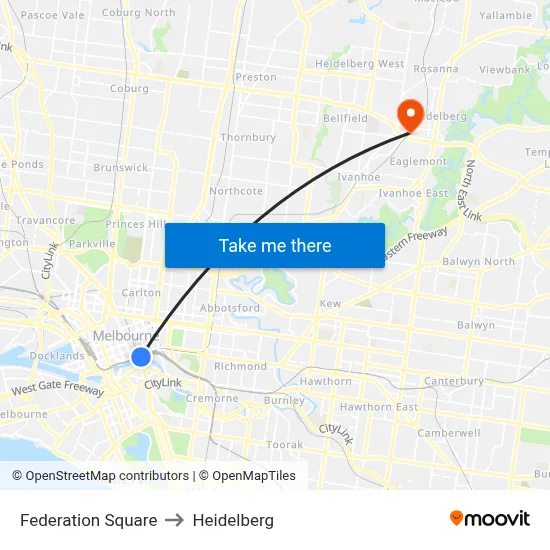 Federation Square to Heidelberg map