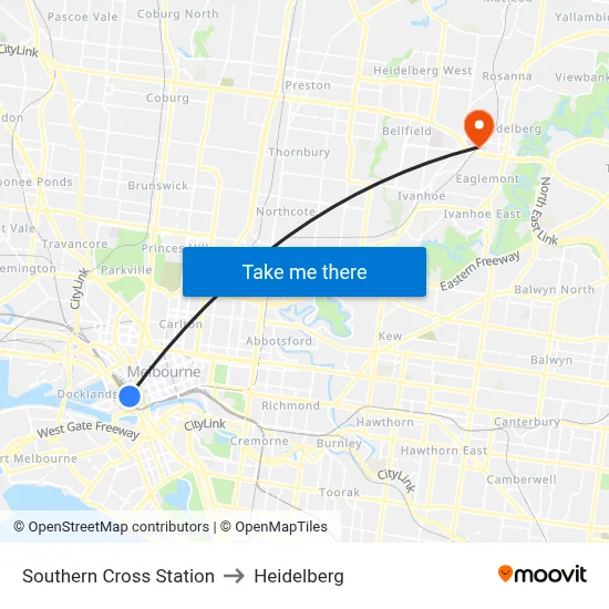 Southern Cross Station to Heidelberg map