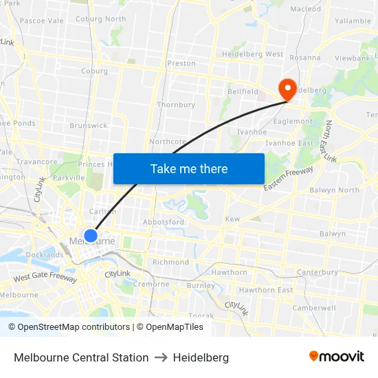 Melbourne Central Station to Heidelberg map