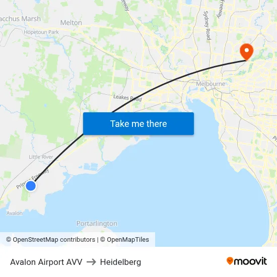 Avalon Airport AVV to Heidelberg map