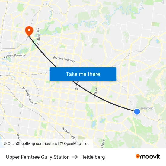 Upper Ferntree Gully Station to Heidelberg map