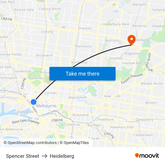 Spencer Street to Heidelberg map
