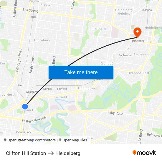 Clifton Hill Station to Heidelberg map