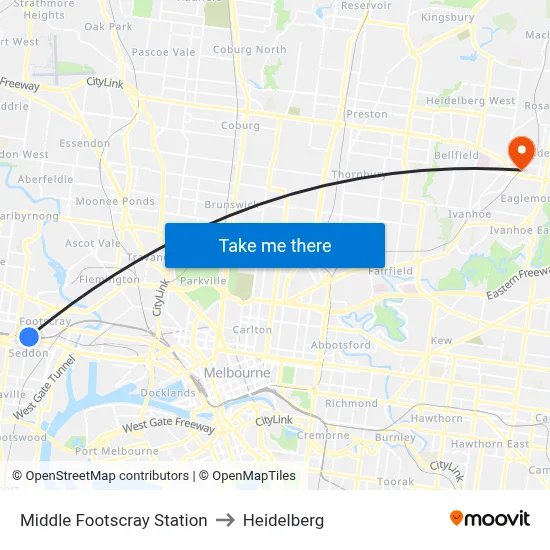 Middle Footscray Station to Heidelberg map