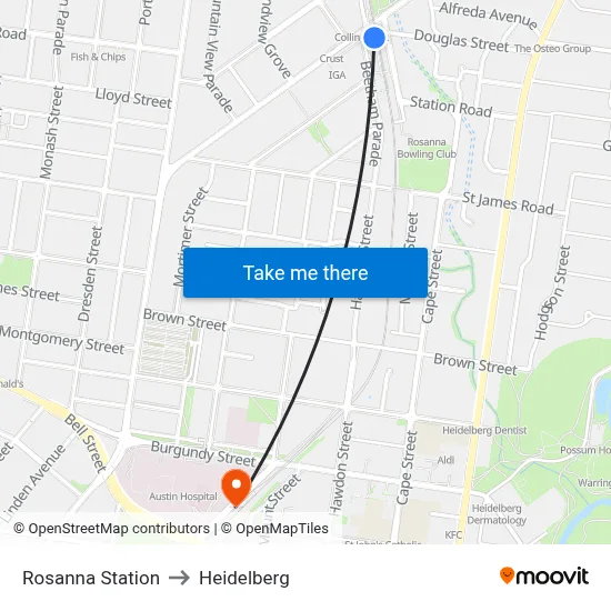 Rosanna Station to Heidelberg map