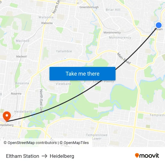 Eltham Station to Heidelberg map