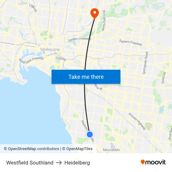 Westfield Southland to Heidelberg map