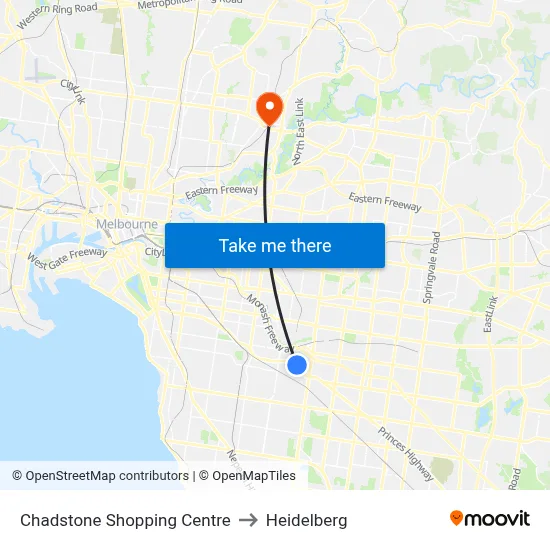 Chadstone Shopping Centre to Heidelberg map