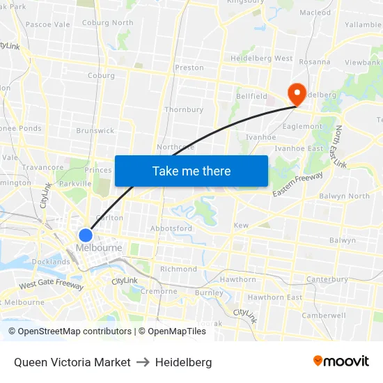 Queen Victoria Market to Heidelberg map