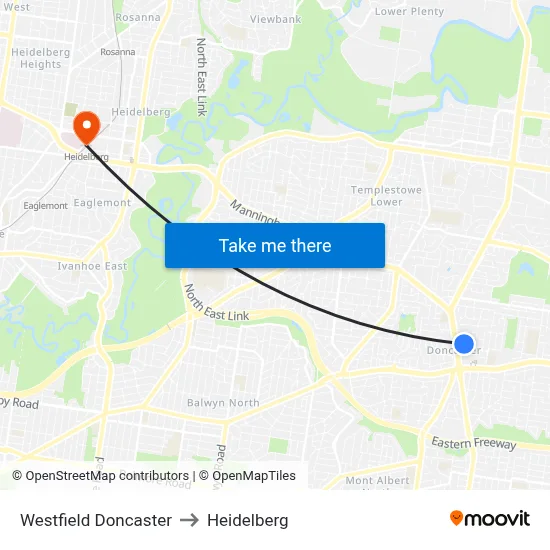 Westfield Doncaster to Heidelberg map