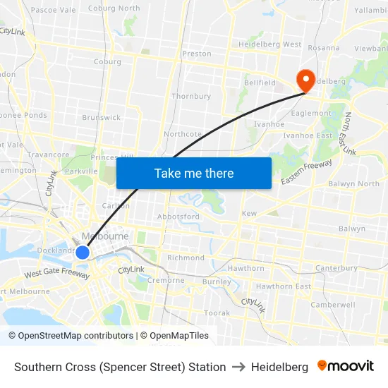 Southern Cross (Spencer Street) Station to Heidelberg map
