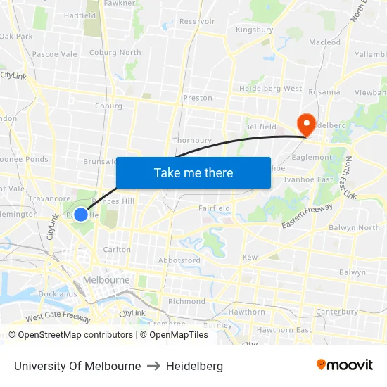 University Of Melbourne to Heidelberg map