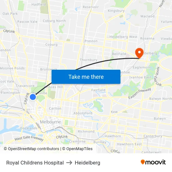 Royal Childrens Hospital to Heidelberg map